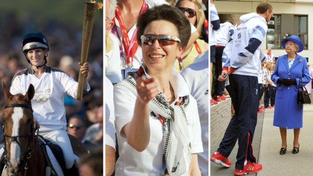 Doing the rounds ... left to right: Zara Phillips carrying the Olympic torch at Cheltenham racecourse in May; Princess Anne in the Olympic Village; the Queen with a member of Team GB.