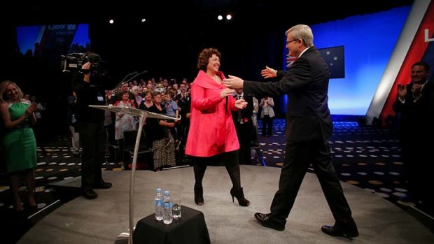 Prime Minister Kevin Rudd embraces his wife Therese Rein who introduced him at the ALP campaign launch in Brisbane on Sunday.