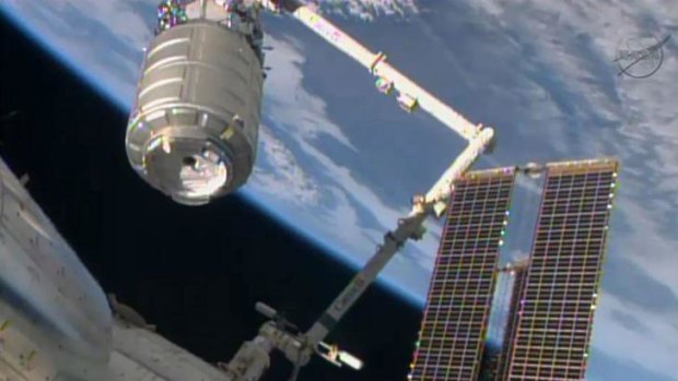 Orbital Sciences Corporation's unmanned Cygnus cargo ship being captured by the Canada arm after arriving at the International Space Station.
