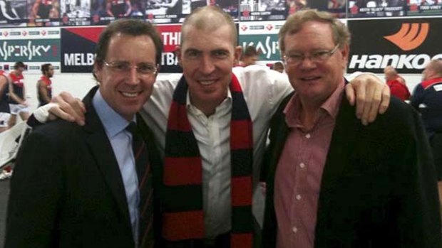 Melbourne president Jim Stynes (centre) with club CEO Cameron Schwab (left) and acting president Don McLardy.