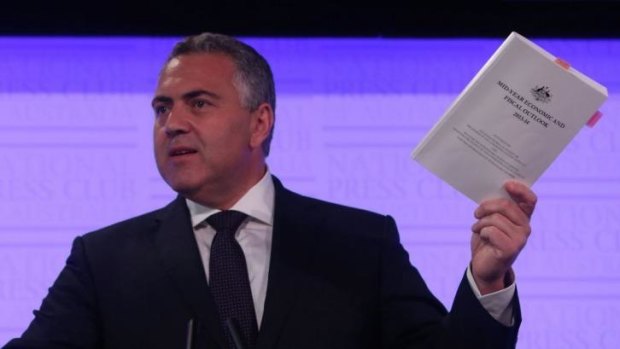 Treasurer Joe Hockey with the Mid-Year Economic and Fiscal Outlook at the National Press Club in Canberra in December.