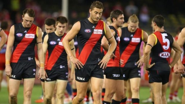 Essendon players after losing to Sydney in round nine.