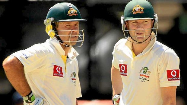 Happier days: Clarke (R) and Ponting during a 386-run partnership against India in 2012.