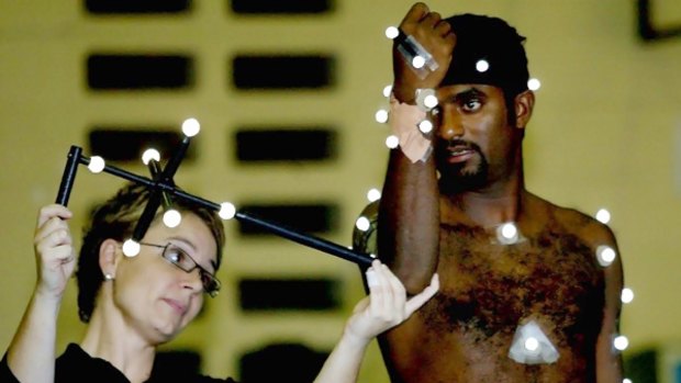 Muttiah Muralitharan ungoing a series of tests at the Human Movement department at the University of Western Australia.