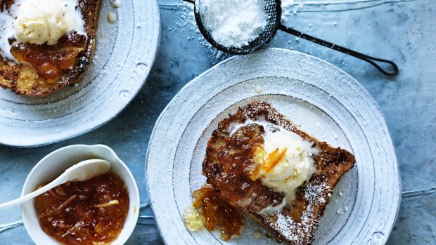 Caramel French toast with marmalade. 