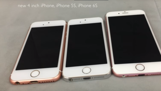 L-R: The supposed iPhone SE; iPhone 5s; iPhone 6s.