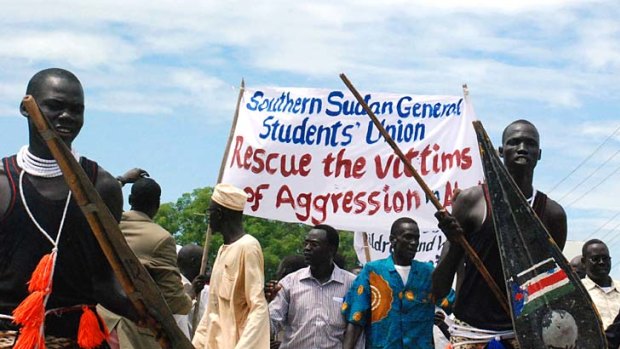 Some 200 Sudanese demonstrators in the southern capital Juba demonstrate against the northern military occupation of the contested Abyei region.