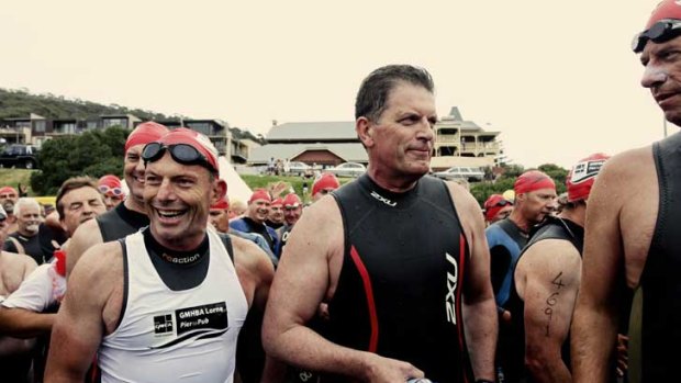 Premier Ted Ballieu (right) and Opposition Leader Tony Abbott join 5000 swimmers in the 32nd Lorne Pier to Pub.