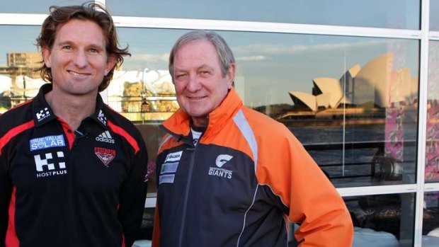 GWS coach Kevin Sheedy with Essendon coach James Hird at Circular Quay. Sheedy has written an open letter to Hird ahead of their NAB Cup match on Friday night at Manuka Oval.