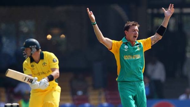 Horror start . . . Shane Watson is trapped LBW by Dale Steyn in the first over of the game.