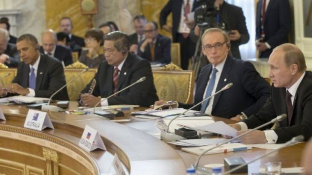 Former Australian foreign minister Bob Carr (second from right) at the G20 in September with US President Barack Obama, Indonesian President Susilo Bambang Yudhoyono and Russian President Vladimir Putin.