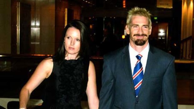 Jason Akermanis and his wife Megan arriving for the Western Bulldogs inaugural Hall of Fame event at Crown Palladium last night.