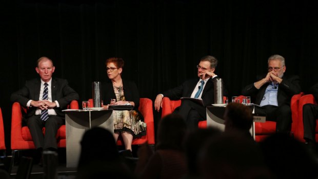 David Murray, APRA's Helen Rowell, ASIC's  Greg Medcraft and Kevin Davis on Tuesday.