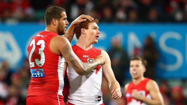 Dynamic duo: Gary Rohan celebrates kicking a goal with Lance Franklin against Hawthorn last week.