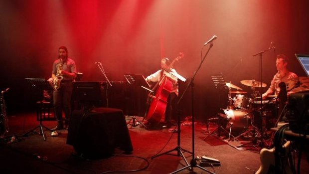 Joshua Hyde (saxophone), Anita Hustas (double bass) and Phil Collings (drums) perform Alexander Schubert's <i>Superimpose Cycle for Jazz Quartet and Electronics</i>.