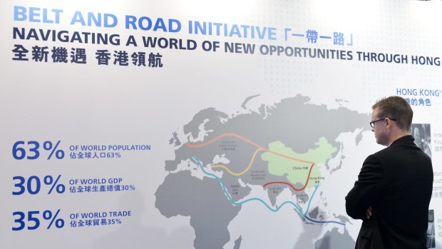 A poster promoting China's One Belt One Road initiative in Hong Kong. 