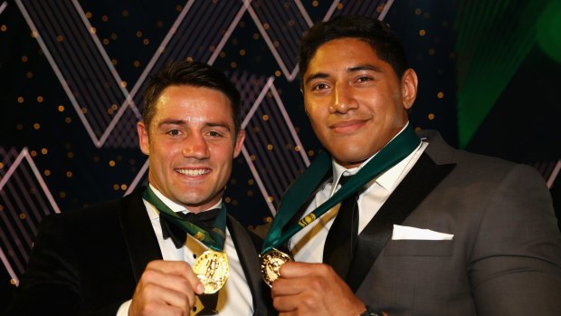Cooper Cronk and Jason Taumalolo pose after being announced joint Dally M winners. 