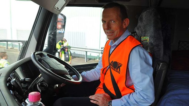 Heavy load: Opposition Leader Tony Abbott sets off on his Brisbane-Terrigal trucking trip.