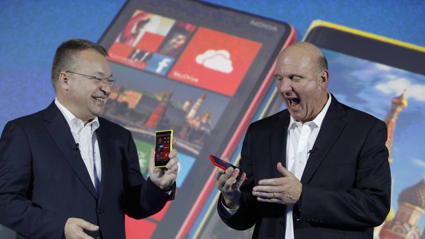 Flashback: Microsoft CEO Steve Ballmer, right, and Stephen Elop share the stage in November 2012.