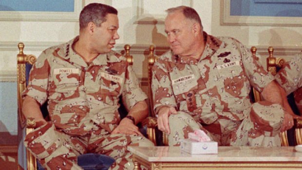 General Colin Powell, left, with General  H.  Norman Schwarzkopf in Saudi Arabia in February 1991.
