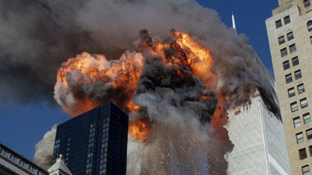 Flames erupt from the World Trade Centre south tower.