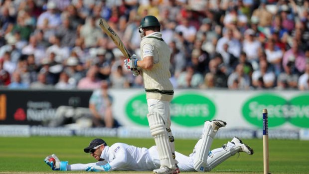 England wicketkeeper Matt Prior takes the catch to dismiss batsman Chris Rogers.