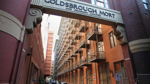 The scene of the death of Scott Lewis at the Goldsbrough Mort apartment complex in Pyrmont on Saturday.