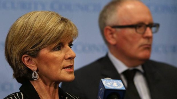 Julie Bishop with Dutch Foreign Minister Frans Timmermans after the crucial UN vote.