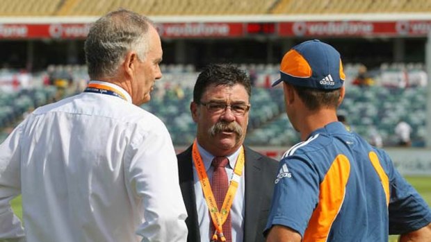 Greg Chappell in conversation with selector David Boon and Ricky Ponting before the start of the Third Test.
