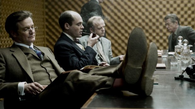 Remake: Colin Firth as Bill Haydon, Toby Jones as Percy Alleline, David Dencik as Toby Esterhase and John Hurt as Control in Tinker Tailor Soldier Spy (2011).