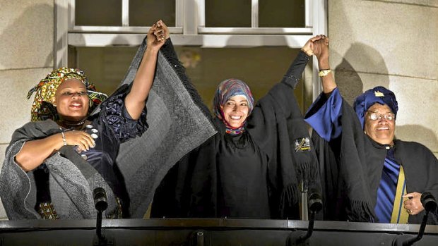 At odds ... Leymah Gbowee, left, and the Liberian President, Ellen Johnson-Sirleaf, right, with the Yemeni activist Tawakkol Karman, who also shared the Nobel Prize.