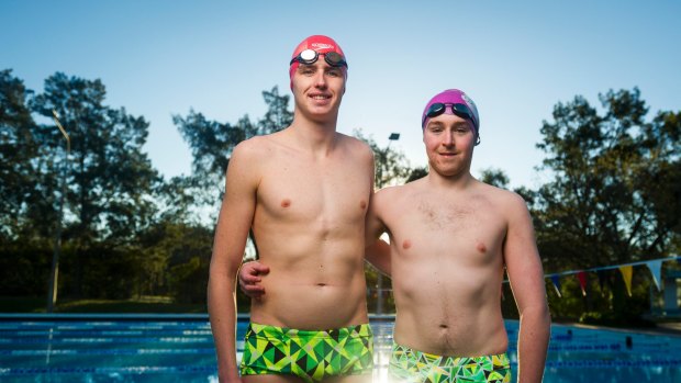 Ben Freeman and Joe Pascall about to dive into the unheated, outdoor pool at Phillip. In winter. In Canberra.