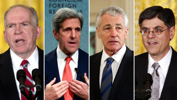 Band of brothers ... from left, John Brennan, John Kerry, Chuck Hagel and Jack Lew.