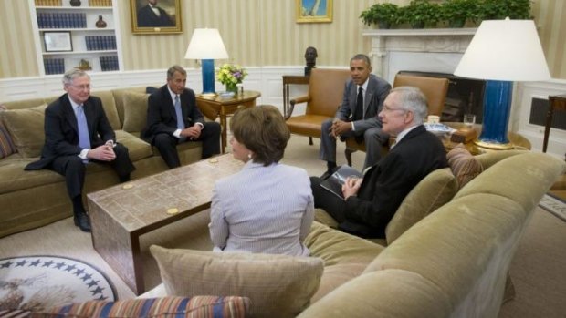 US President Barack Obama meets senior US lawmakers in the Oval Office.