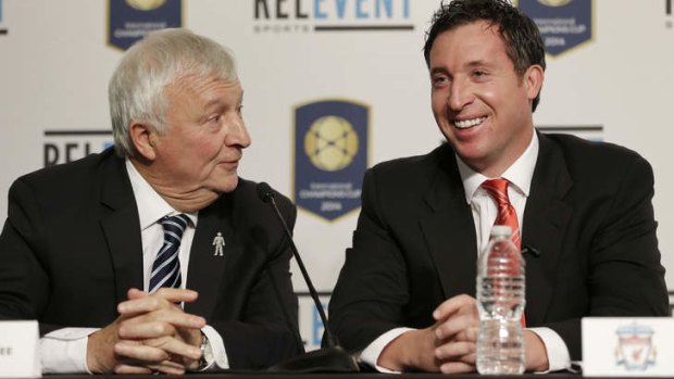 Liverpool legend Robbie Fowler (right) announcing the tournament with Manchester City's Mike Summerbee.