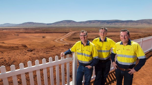 Left-to-right, Rio Tinto iron ore CEO Chris Salisbury, Rio Tinto CEO Jean-Sebastien Jacques, and WA Premier Mark McGowan at Rio's Silvergrass iron ore mine.