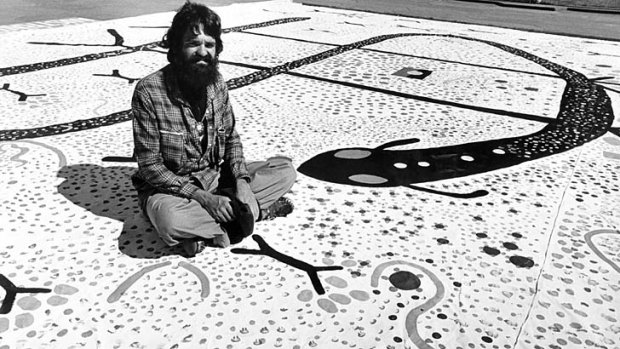 An "urban Indigenous" artist: Trevor Nickolls in 1979, with one of his works for the show <i>Operation Aborigine.</i>