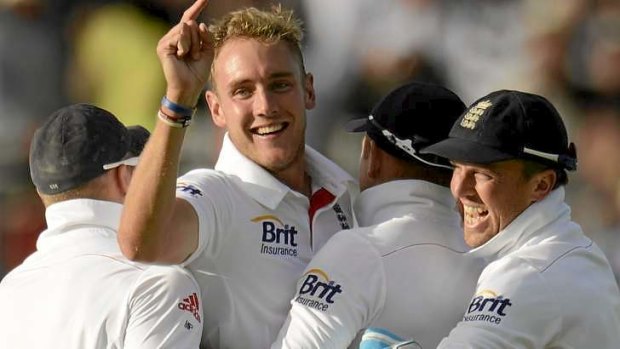 Winners are grinners: Stuart Broad  celebrates with teammates during the fourth Test against Australia.
