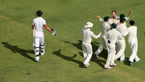 Nathan Lyon of Australia celebrates the wicket of Kevin Pietersen. Lyon is returning the faith selectors showed in him earlier this year.