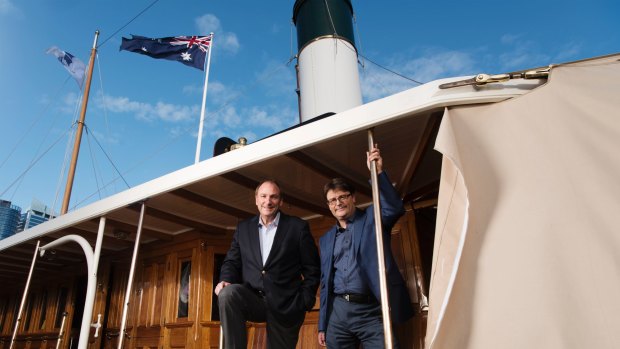 Telstra chair John Mullen (left) and Kevin Sumption, director and CEO of Australian National Maritime Museum, on the SY Ena last week.