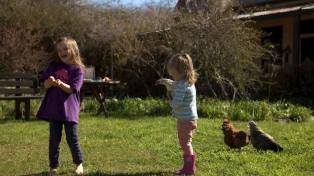 Kaiya and Sienna Royds play at Durhman Hall, Jembaicumbene, which will be open for this weekend's Braidwood Open Gardens.