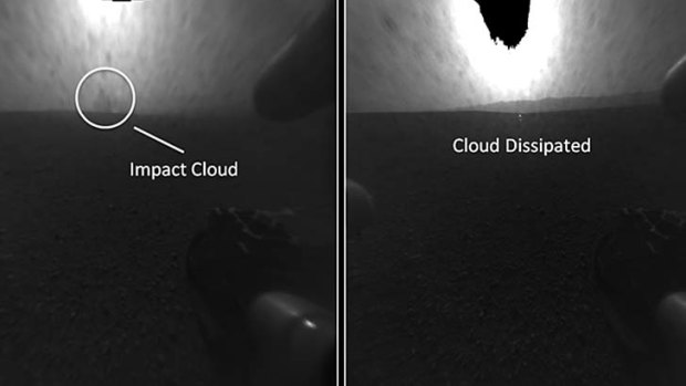 These before-and-after imagesshow a plume of dust, left, that disappeared. NASA thinks a camera aboard Curiosity caught the rocket stage crash-landing in the distance.