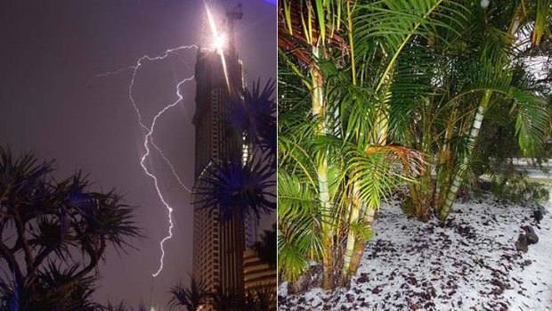 A reader's photo of lightning striking Q1 on the Gold Coast during last night's storm, left, and right: hail at a Camira home.