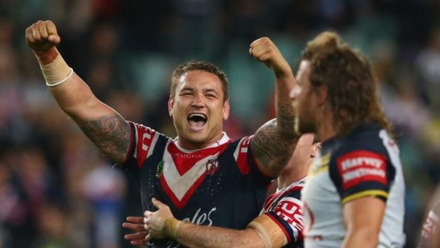 The game was the winner: Roosters front-rower Jared Waerea-Hargreaves celebrates victory over the Cowboys.