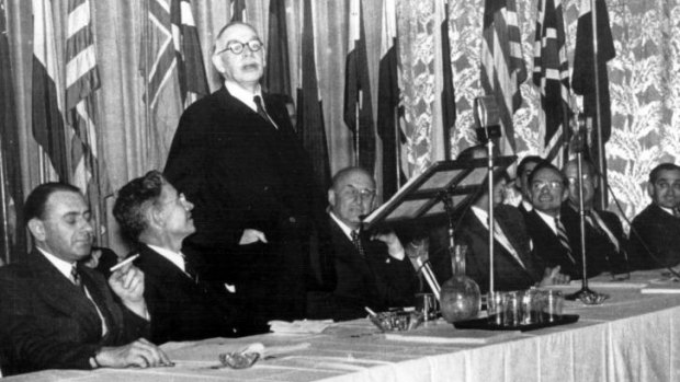 History in the making: A picture released by the International Monetary Fund shows British economist Lord John Maynard Keynes (3rd L) addressing the Bretton Woods Conference, in July 1944.