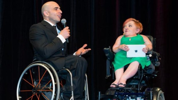 Comedian and disability advocate Stella Young was to host the 2014 ACT Chief Minister's Inclusion Awards. She is pictured on stage at last year's awards with guest speaker Paul Nunnari.