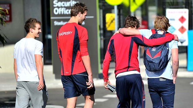 In recovery: Jack Trengove (left), Max Gawn, Cale Morton and Jack Watts.