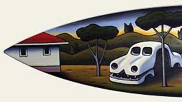 A Reg Mombassa-painted 'Kengarewe' surfboard.