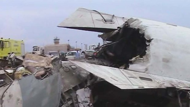 This frame grab from video shows the wreckage of a United Nations plane that crashed   in Kinshasa.