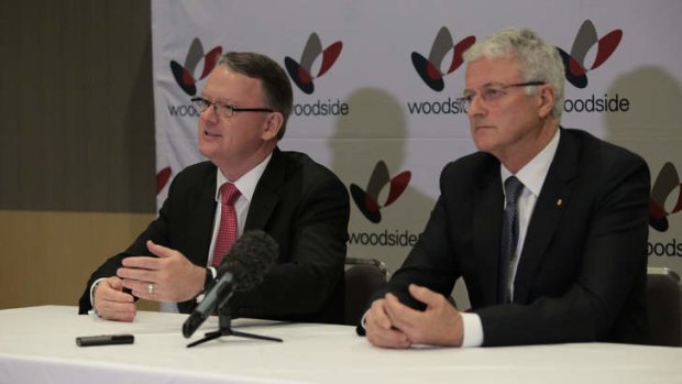 Woodside chief executive Peter Coleman and chairman Michael Chaney after the meeting in Perth on Friday.